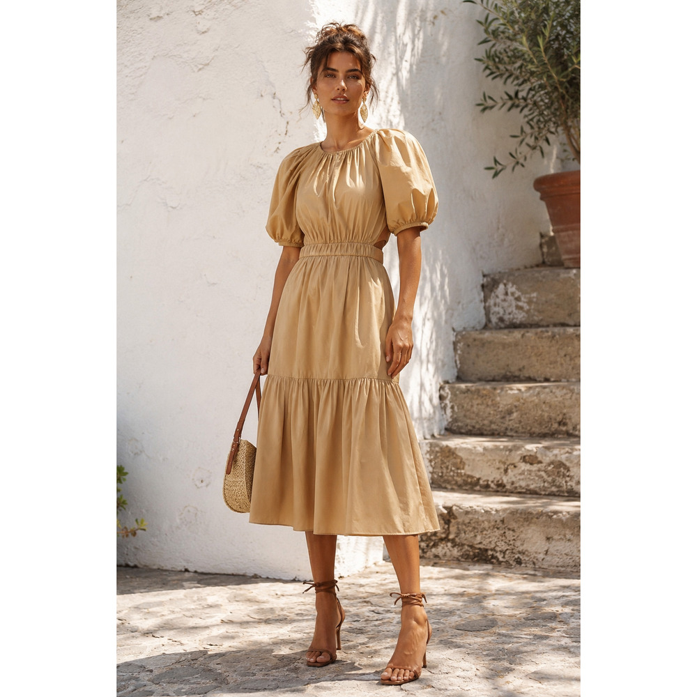 ULLA JOHNSON Midi Dress NEW 8 Claire in Cedar Back Cutout Tiered‎ Puff Sleeves